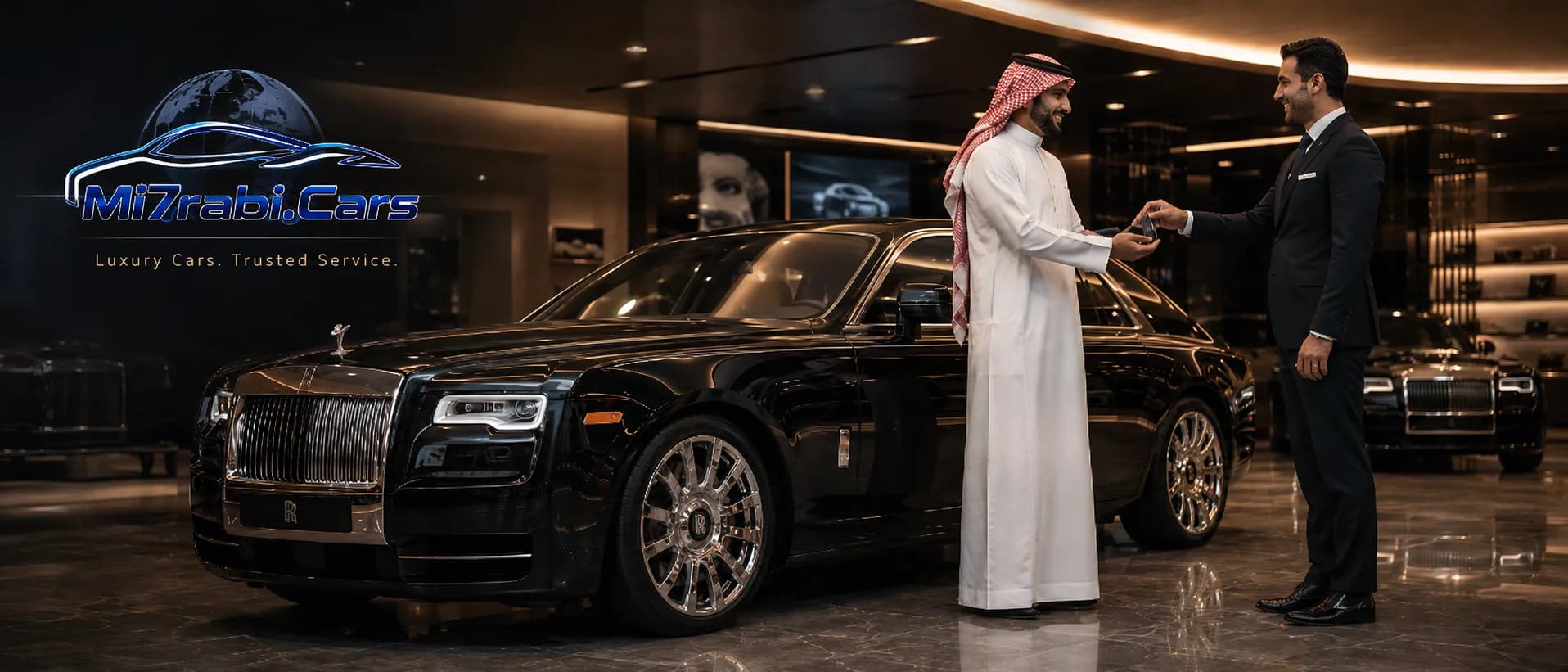 Mi7rabi Cars — a client receiving the keys to a Rolls-Royce in our luxury showroom